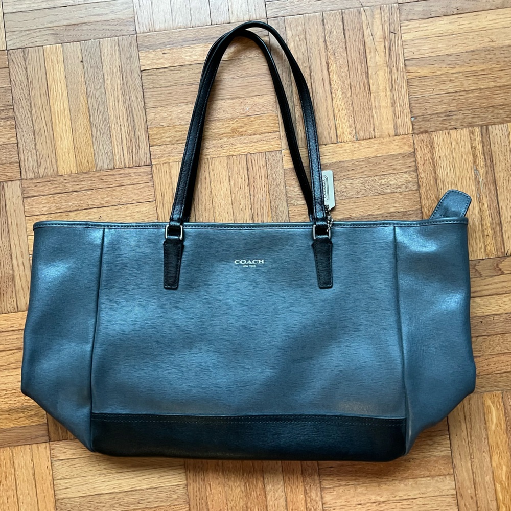 Silver and Black Coach Tote Bag